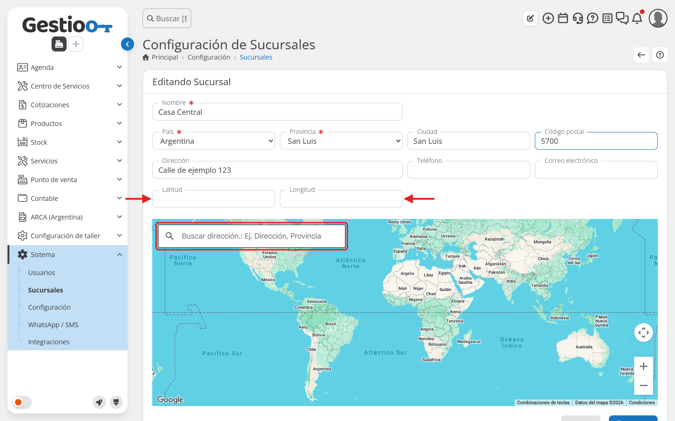 Edición de una sucursal con los campos Latitud y Longitud y el mapa con el buscador de direcciones