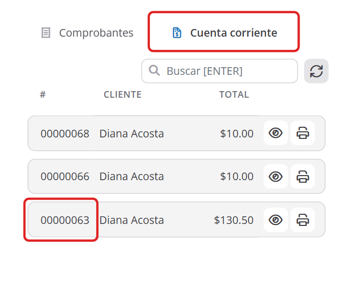 Comprobantes del Punto de venta con la pestaña Cuenta corriente y la lista de cobros de la caja