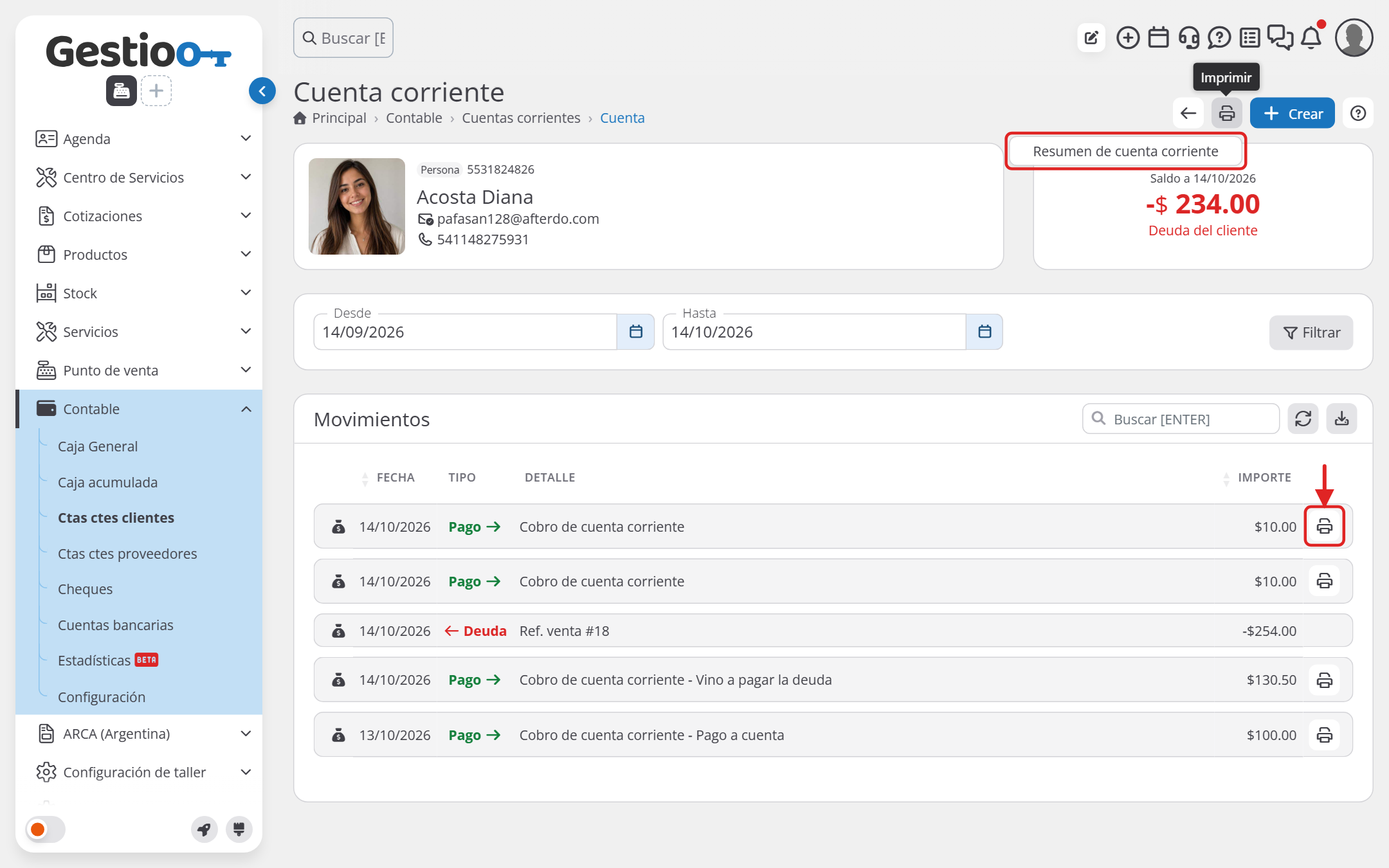 Cuenta corriente de un cliente en Contable con la opción Resumen de cuenta corriente y el botón para imprimir cada cobro