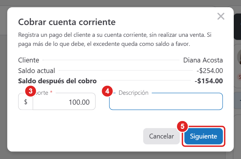 Ventana Cobrar cuenta corriente con el saldo actual, el importe, la descripción y el saldo después del cobro