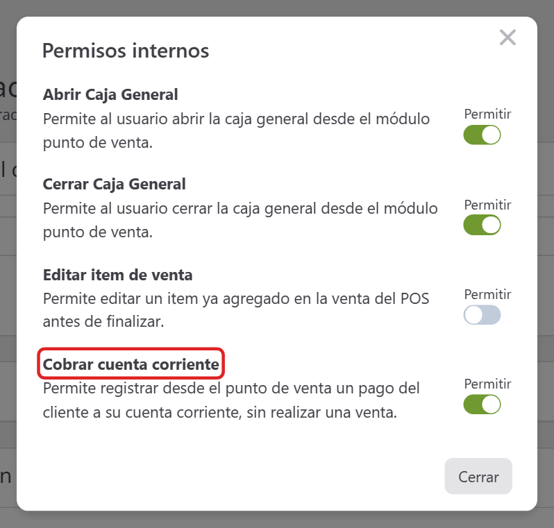 Permisos internos del Punto de Venta con la opción Cobrar cuenta corriente y su interruptor Permitir