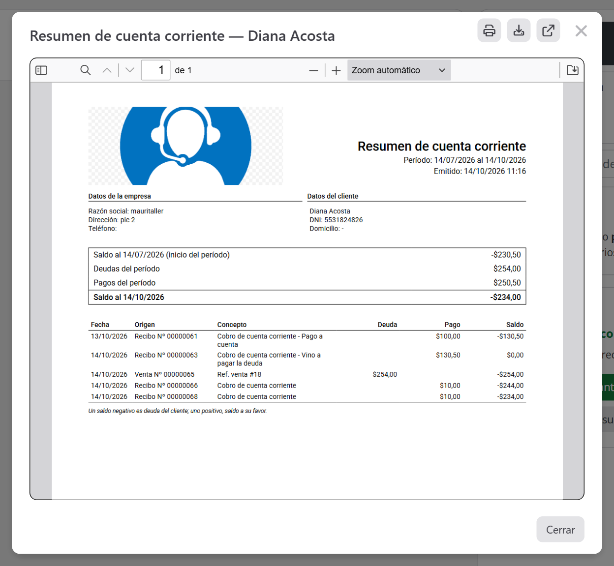 Resumen de cuenta corriente con el saldo al inicio, las deudas y pagos del período, el saldo al cierre y el detalle de movimientos