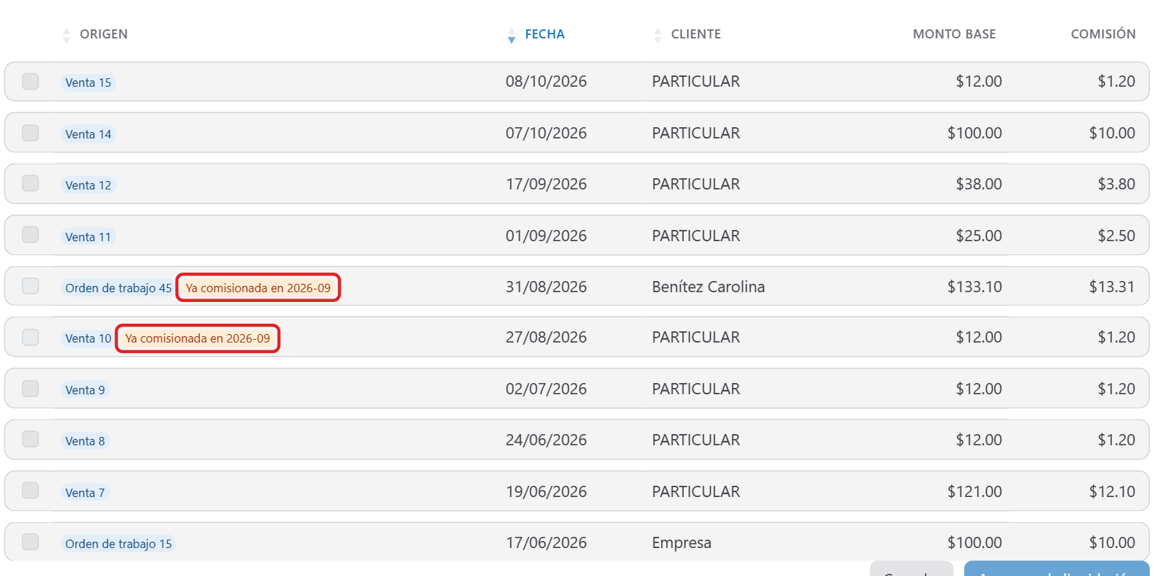 Lista de comisiones con órdenes y ventas marcadas como Ya comisionada en otro período y sin posibilidad de seleccionarlas