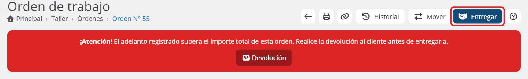 Aviso de Gestioo al intentar entregar una orden cuyo adelanto supera el importe total, con el botón Devolución