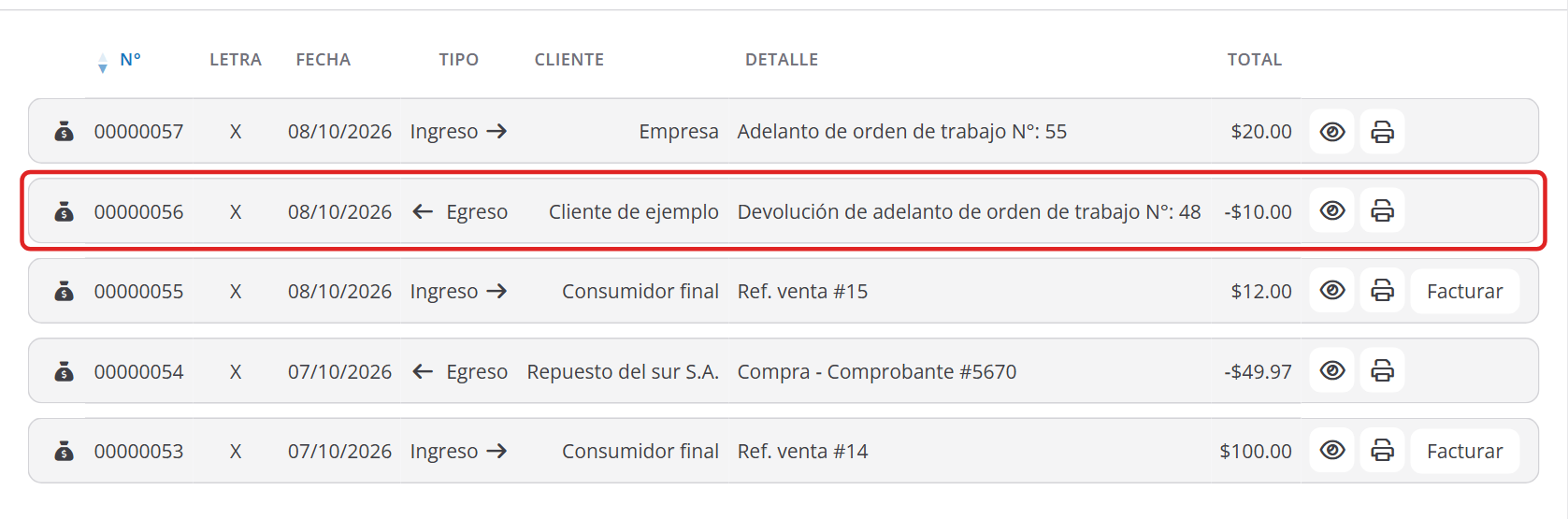 Caja general con la devolución de un adelanto registrada como egreso