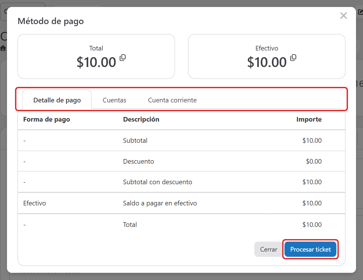 Ventana Método de pago con las pestañas Detalle de pago, Cuentas y Cuenta corriente y el botón Procesar ticket