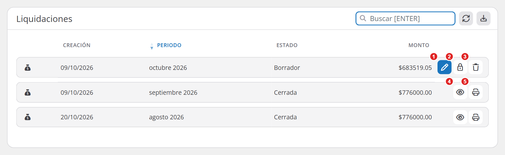 Apartado Liquidaciones de un empleado con una liquidación en borrador y otras cerradas, y las acciones de cada una
